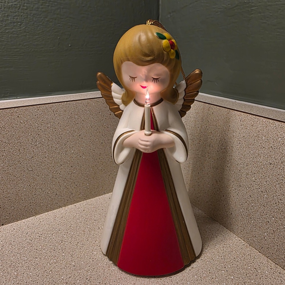 Carolites Musical 7" Angel Ornament White Red 1980 Vintage Christmas Carol Box
